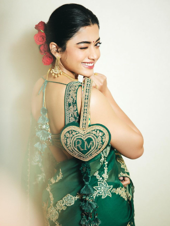 Rashmika Mandanna emerald Torani sari