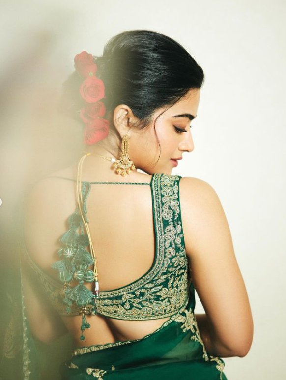 Rashmika Mandanna emerald Torani sari